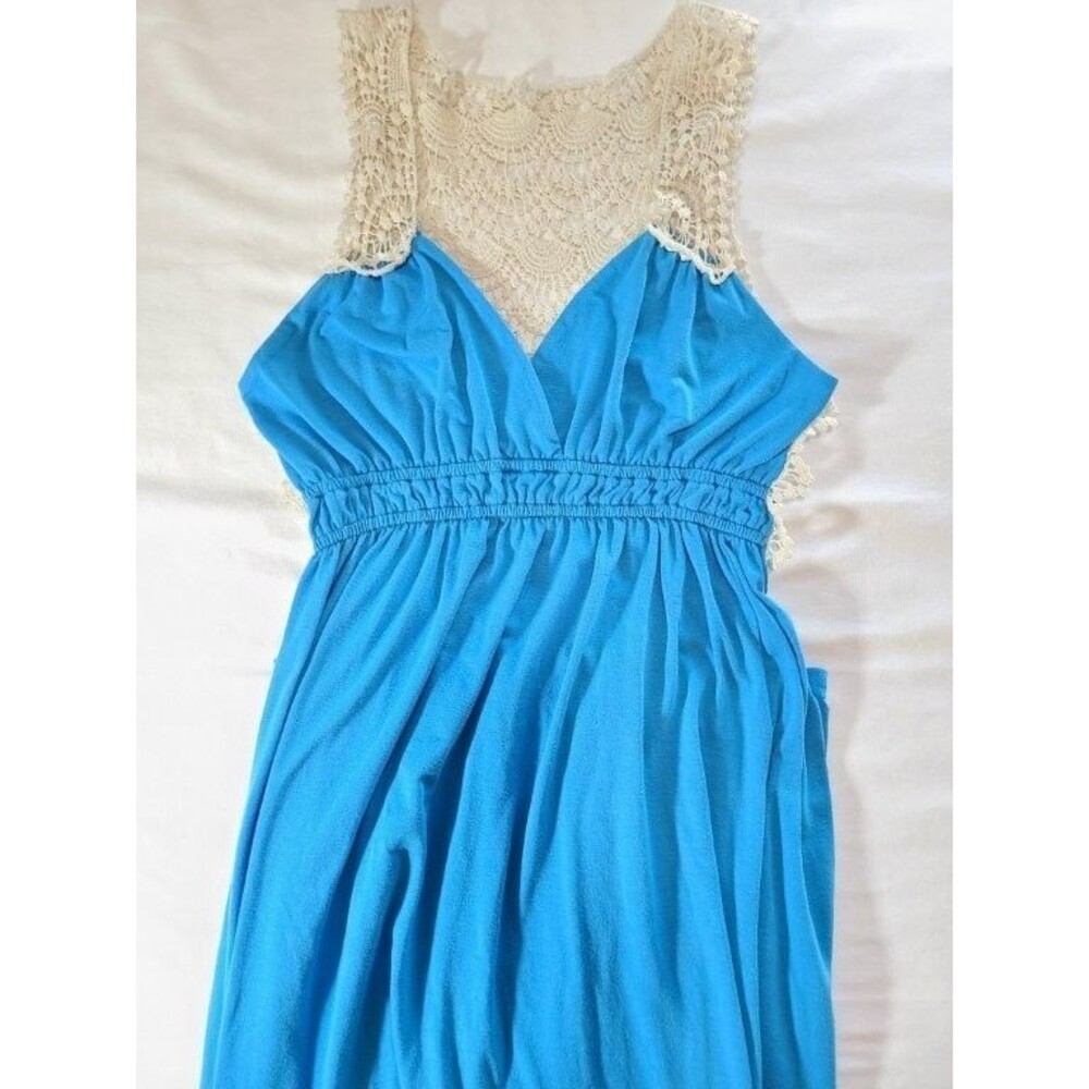 Turquoise Maxi Dress Lace Back Boho Sleeveless V Neck Size S Flowing